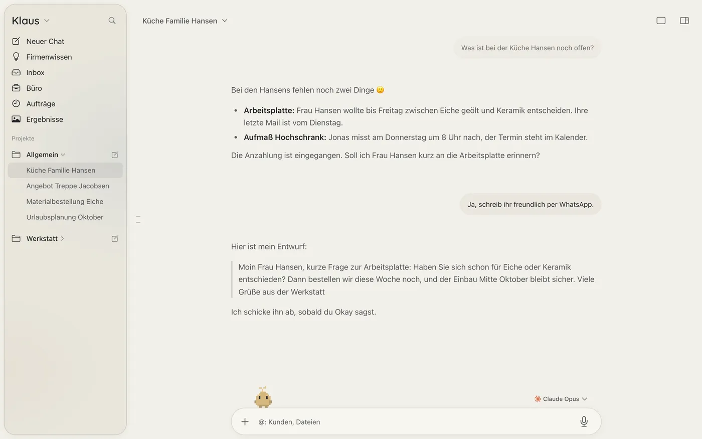 Vanilla am Mac: Chat über offene Punkte bei einem Küchenauftrag